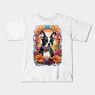 Cute French Bulldog puppy retro vintage floral design Kids T-Shirt